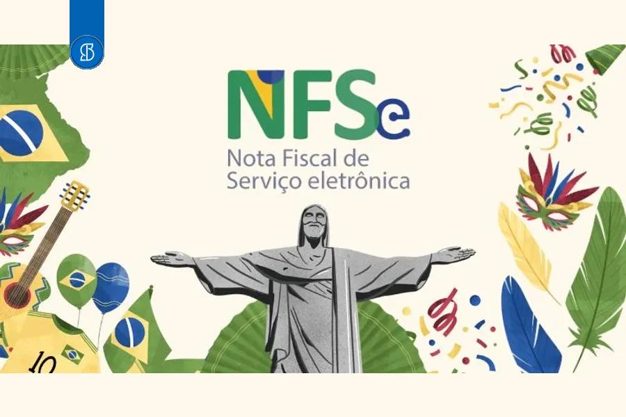 Arte da NFS-e com a sigla ao centro, o Cristo Redentor e elementos brasileiros ao redor