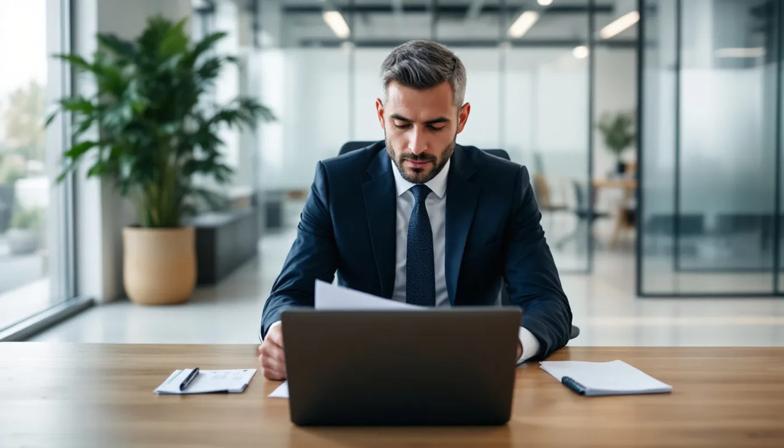 Um empresário está sentado em uma mesa de escritório, analisando documentos fiscais relacionados ao imposto sobre serviços, enquanto observa uma lista de serviços e anexa informações pertinentes à lei complementar nº 116. O ambiente é organizado, com papéis e canetas ao redor, refletindo a seriedade da tarefa.