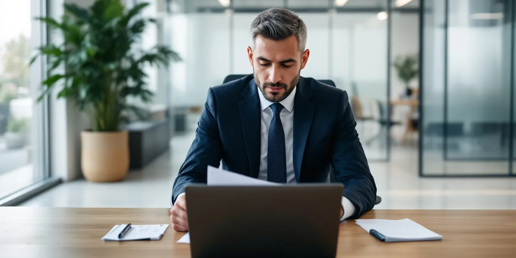 Um empresário está sentado em uma mesa de escritório, analisando documentos fiscais relacionados ao imposto sobre serviços, enquanto observa uma lista de serviços e anexa informações pertinentes à lei complementar nº 116. O ambiente é organizado, com papéis e canetas ao redor, refletindo a seriedade da tarefa.