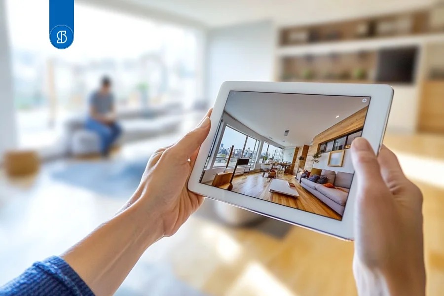 Mãos segurando um tablet que mostra o interior de uma sala, diante do ambiente real