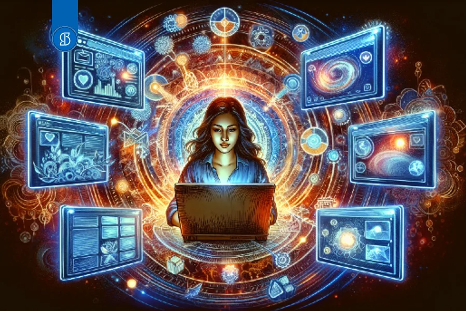 Ilustração de uma mulher com notebook ao centro de um círculo luminoso, cercada por telas flutuantes