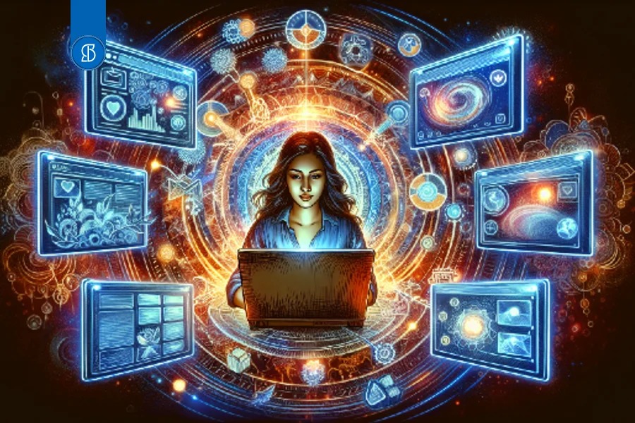 Ilustração de uma mulher com notebook ao centro de um círculo luminoso, cercada por telas flutuantes