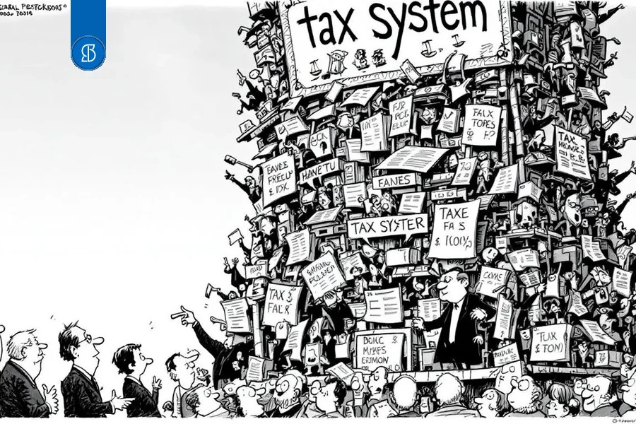 Charge em preto e branco de uma torre instável de placas escrita tax system, cercada de pessoas