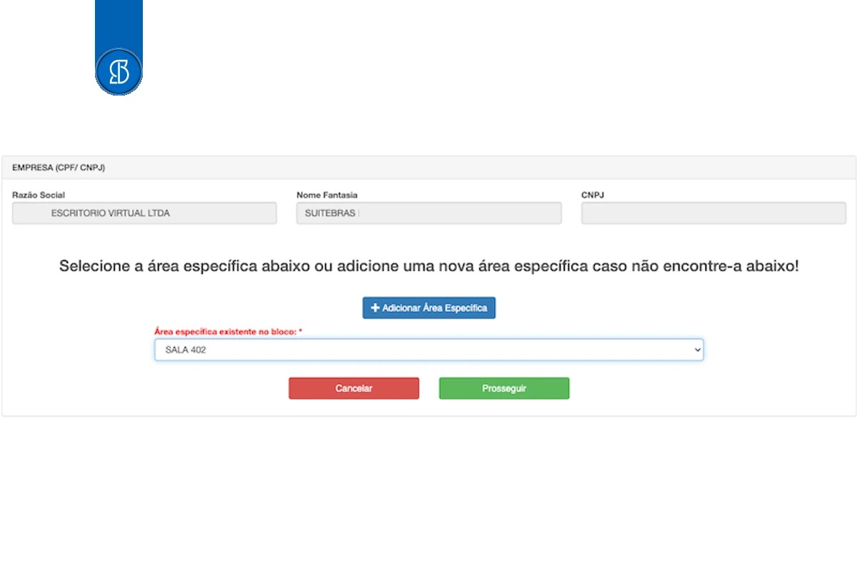 Seleção da área específica no e-SCI, com a sala escolhida na lista e os botões cancelar e prosseguir