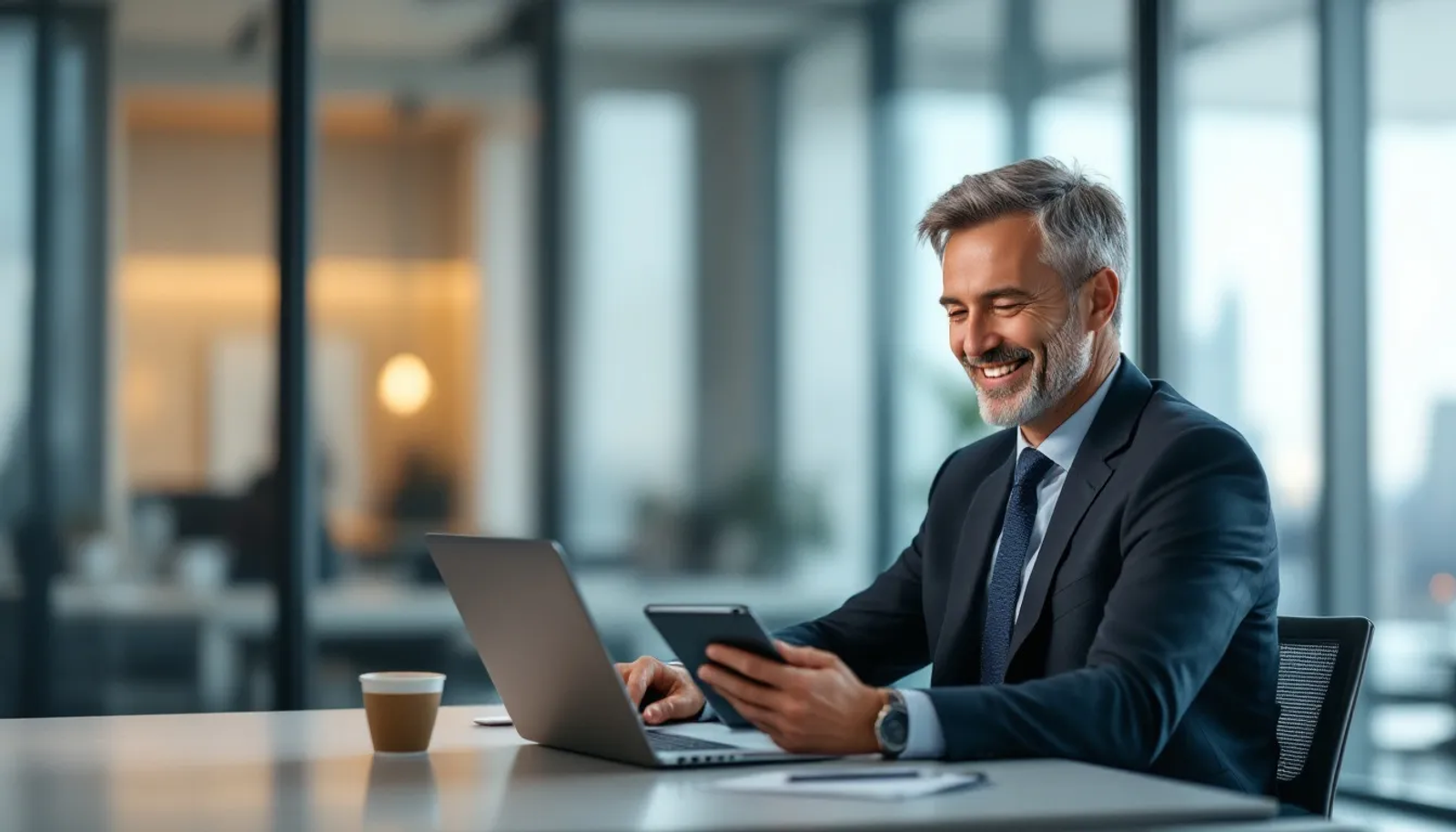 Um profissional satisfeito está utilizando serviços digitais em um ambiente de escritório virtual, demonstrando a eficiência da gestão online de correspondências e a importância de um endereço comercial para o sucesso de seu negócio. Ele aparenta estar em uma sala de reunião, refletindo a credibilidade e a organização que os serviços oferecem.