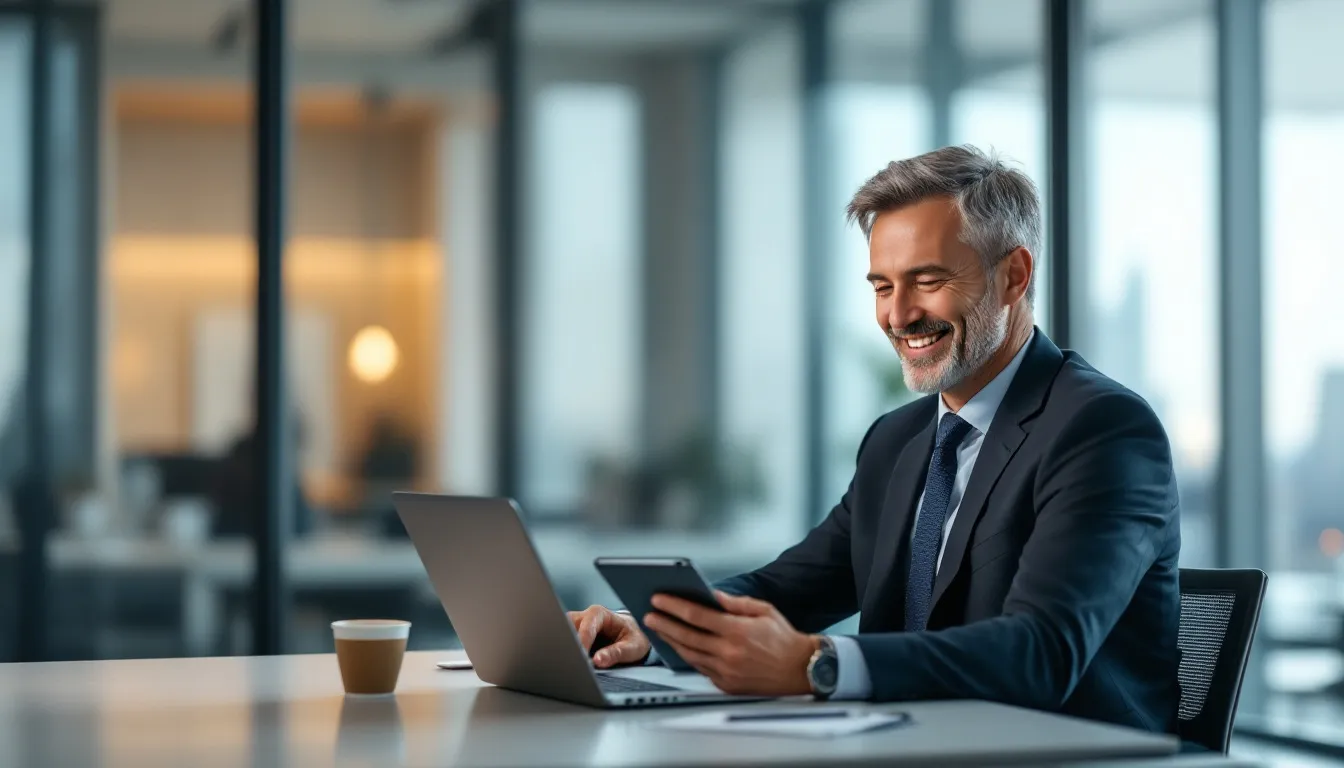 Um profissional satisfeito está utilizando serviços digitais em um ambiente de escritório virtual, demonstrando a eficiência da gestão online de correspondências e a importância de um endereço comercial para o sucesso de seu negócio. Ele aparenta estar em uma sala de reunião, refletindo a credibilidade e a organização que os serviços oferecem.