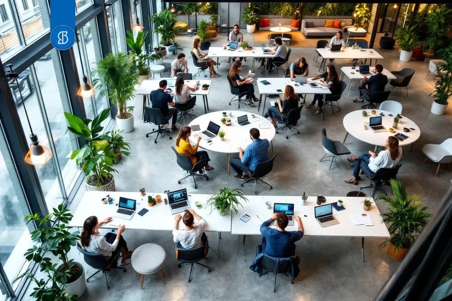 Vista do alto de um coworking amplo com mesas redondas e compridas ocupadas, plantas e janelas do piso ao teto