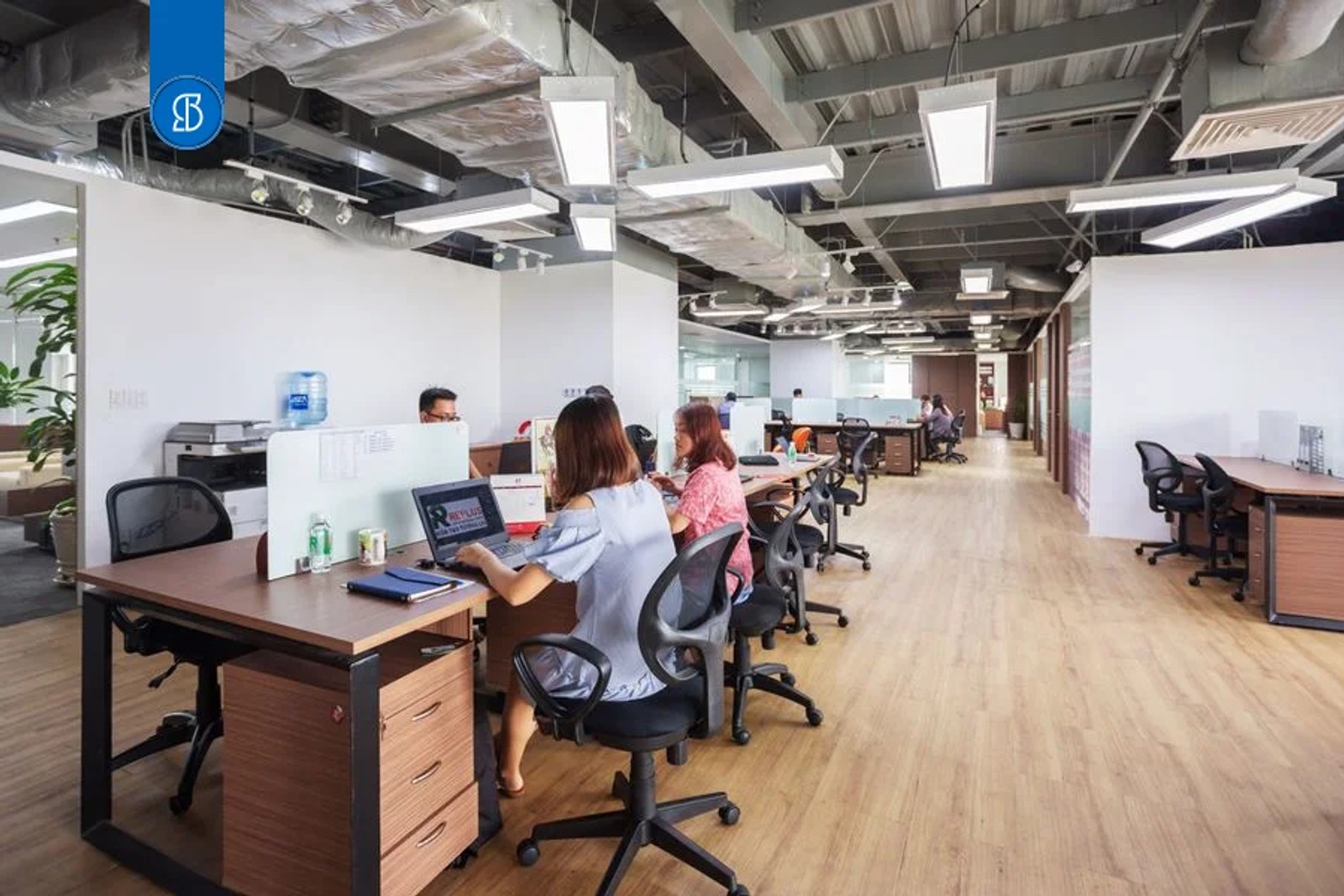 Espaço de coworking com mesas compartilhadas separadas por divisórias baixas e pessoas trabalhando em notebooks