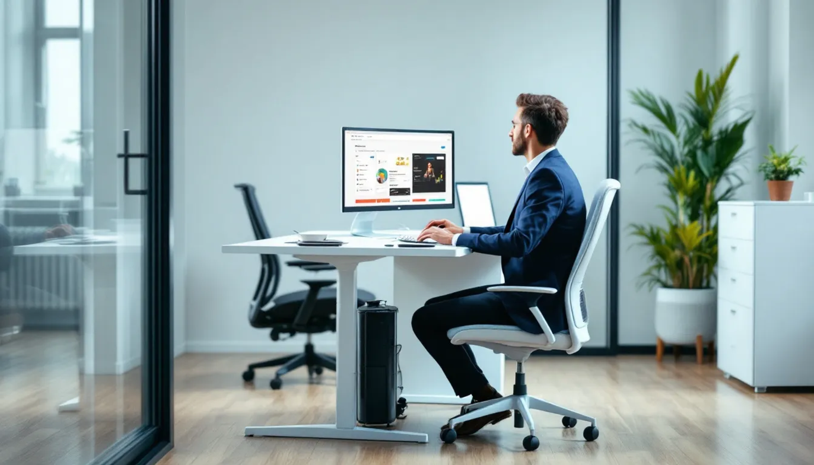 Imagem de uma pessoa concentrada trabalhando em um escritório moderno, cercada por um ambiente bem iluminado e equipado com um computador. O espaço reflete um ambiente profissional, ideal para empresas que buscam um endereço fiscal e comercial em São Paulo.