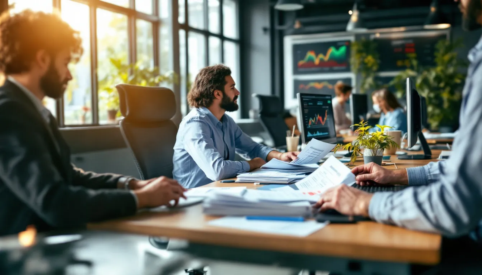 Imagem de uma equipe de contabilidade concentrada em suas tarefas, organizada em uma mesa com documentos fiscais e computadores. Os profissionais estão analisando informações e realizando a digitação de dados relacionados a serviços e códigos de serviço, essenciais para a emissão de notas fiscais e o controle de impostos sobre serviços.