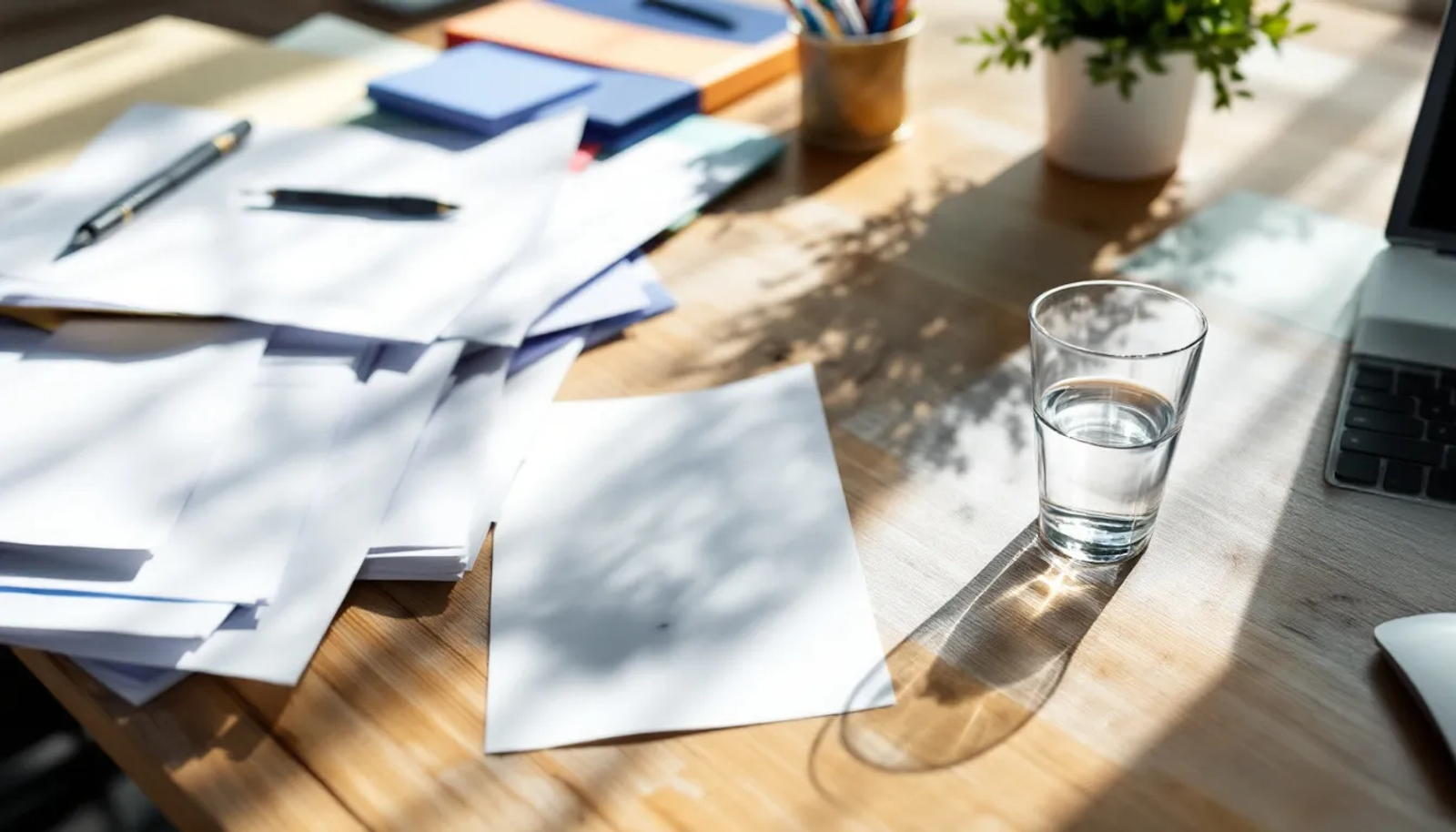 A imagem mostra uma mesa de escritório organizada com documentos empresariais, como contratos sociais e notas fiscais, refletindo a gestão online de correspondências e a importância de um endereço fiscal e comercial para empresas. Essa arrumação sugere um ambiente propício para reuniões e atendimento a clientes, essencial para a credibilidade do negócio.