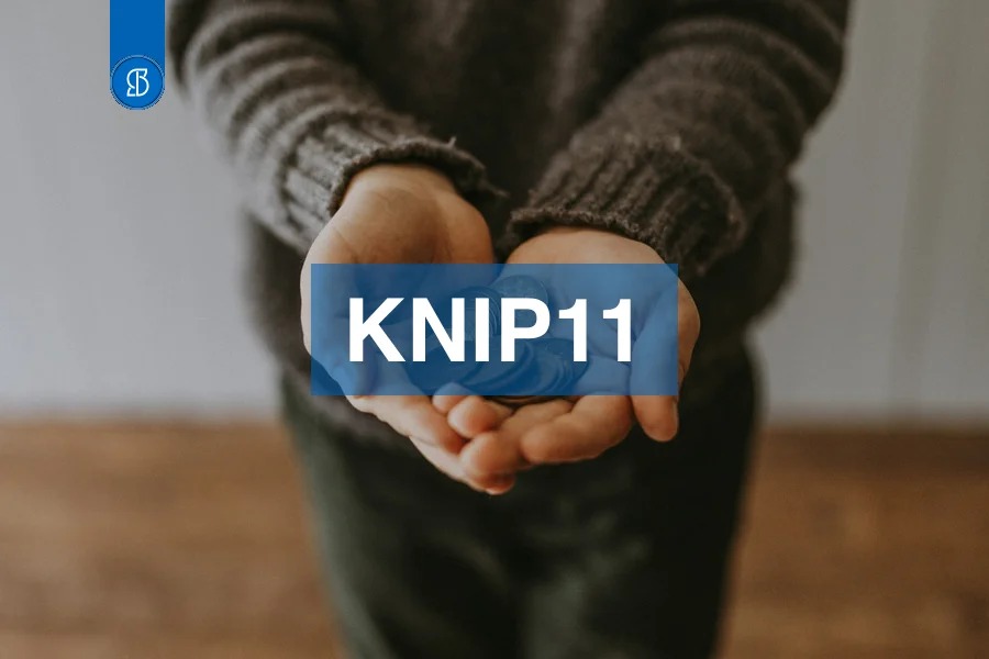 Mãos em concha segurando moedas de cobre, com o código KNIP11 em faixa azul ao centro