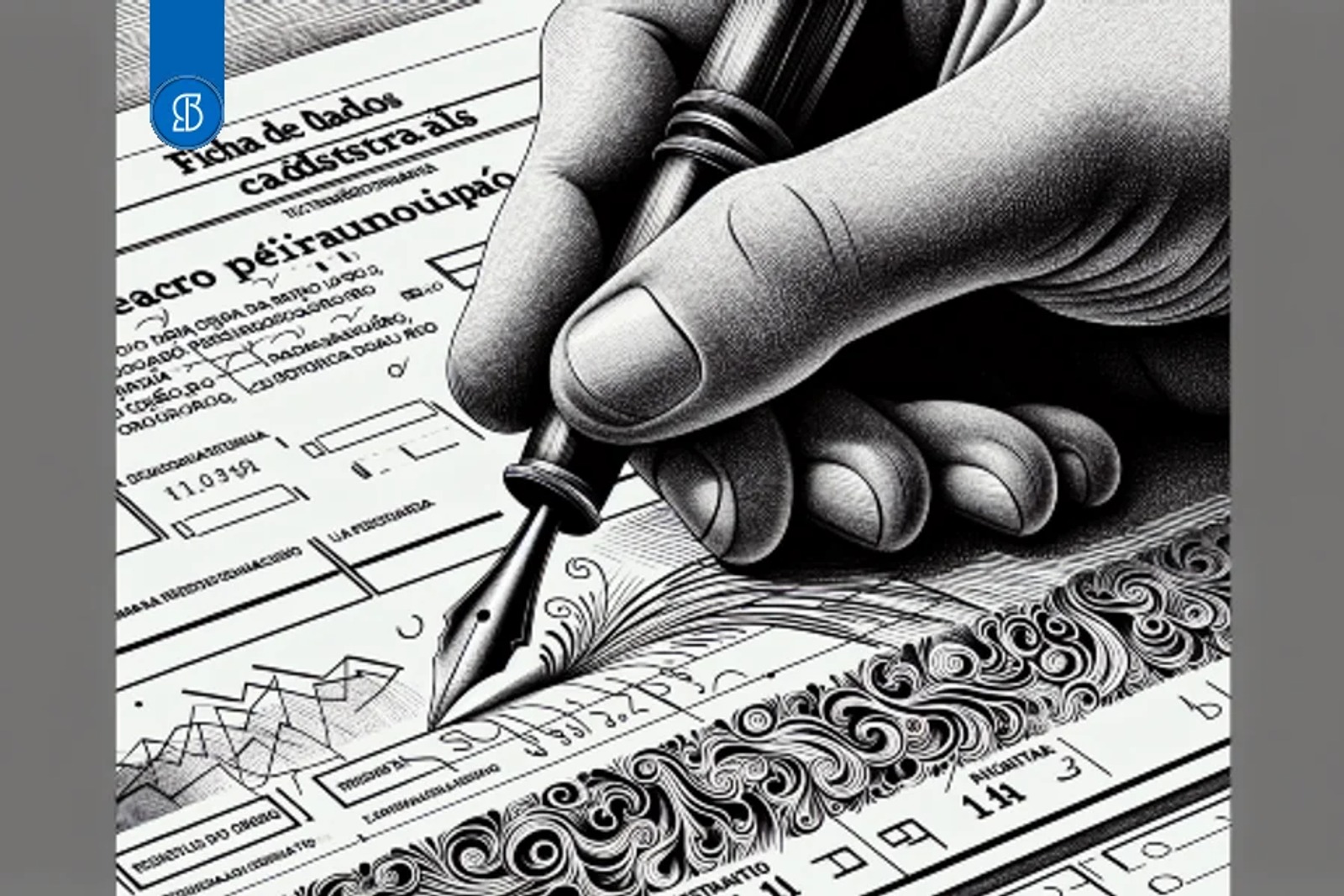 Ilustração em bico de pena de uma mão preenchendo uma ficha cadastral com caneta-tinteiro
