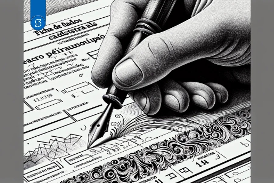 Ilustração em bico de pena de uma mão preenchendo uma ficha cadastral com caneta-tinteiro