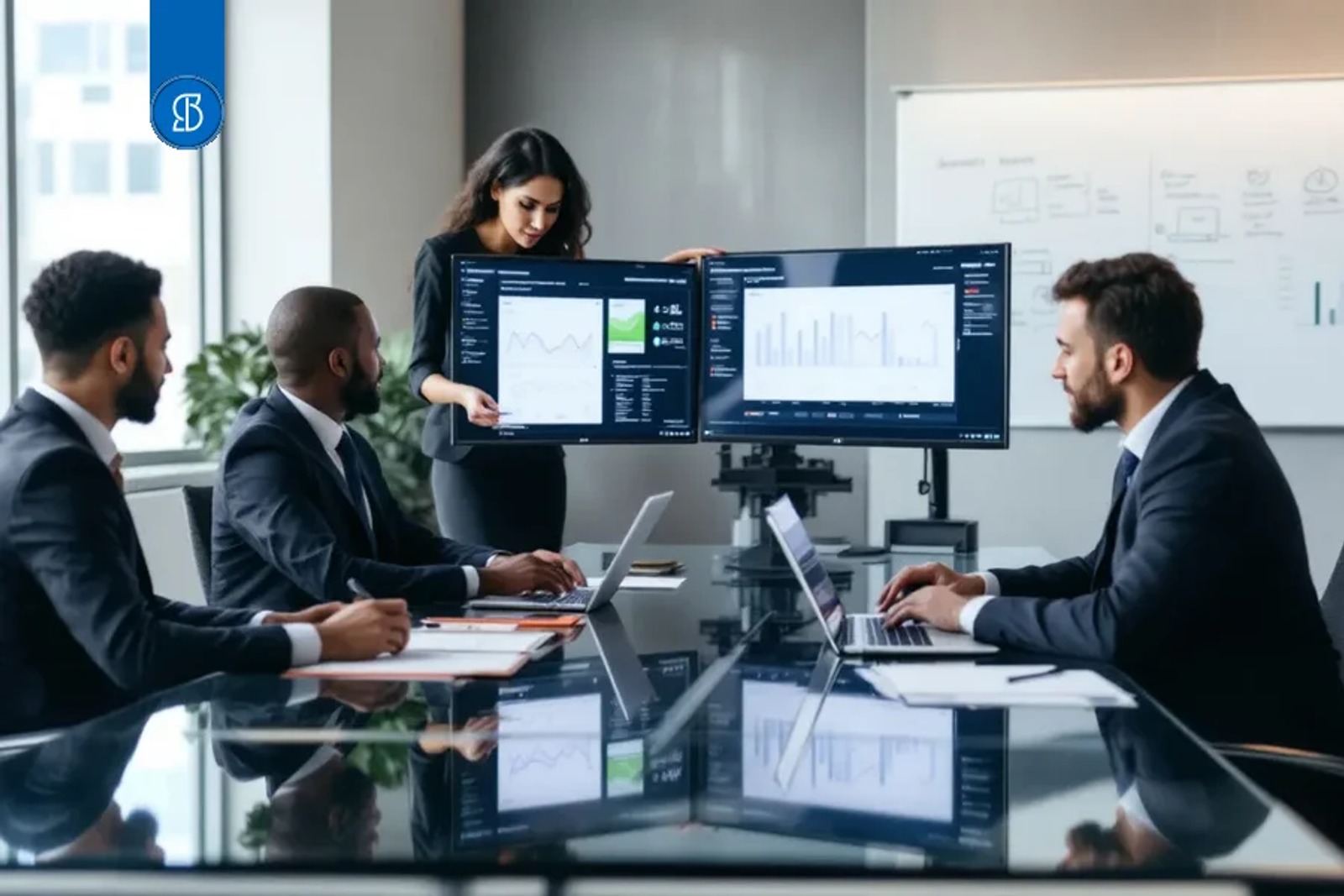 Equipe em sala de reunião analisando dois monitores com painéis de gráficos, com quadro branco ao fundo
