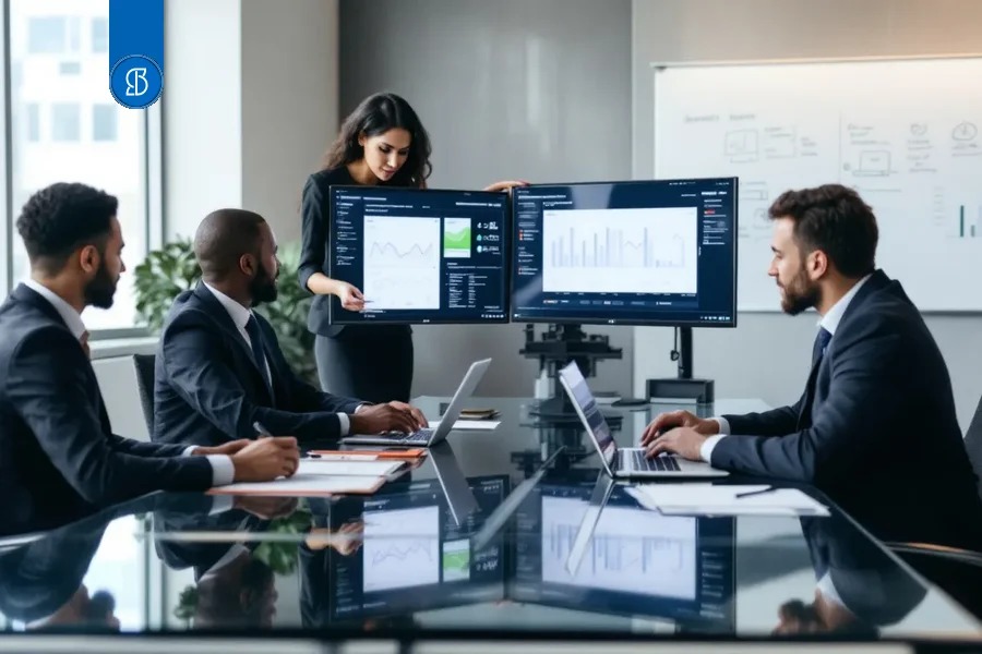 Equipe em sala de reunião analisando dois monitores com painéis de gráficos, com quadro branco ao fundo