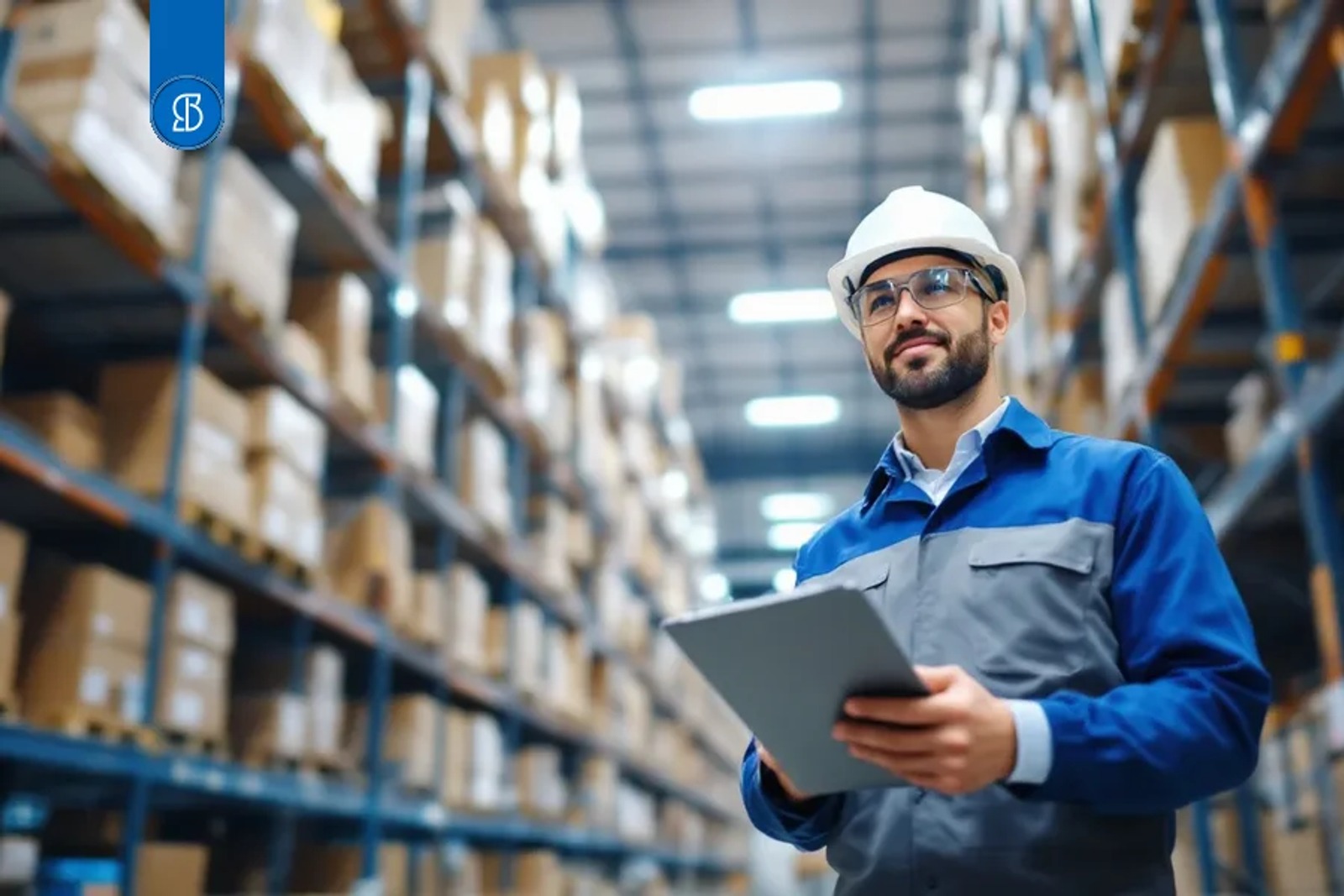 Trabalhador de capacete branco e uniforme azul segurando um tablet entre prateleiras altas de galpão