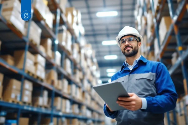 Profissional de capacete branco e uniforme azul consultando um tablet em um galpão
