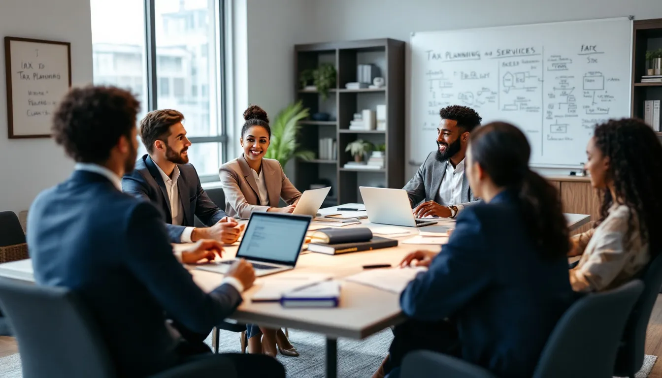 Imagem de uma reunião de equipe onde os participantes discutem sobre planejamento tributário, incluindo a classificação de serviços e a importância do código de serviço e do CNAE. A mesa está repleta de documentos e laptops, simbolizando a análise de informações relacionadas a impostos sobre serviços e atividades da empresa.