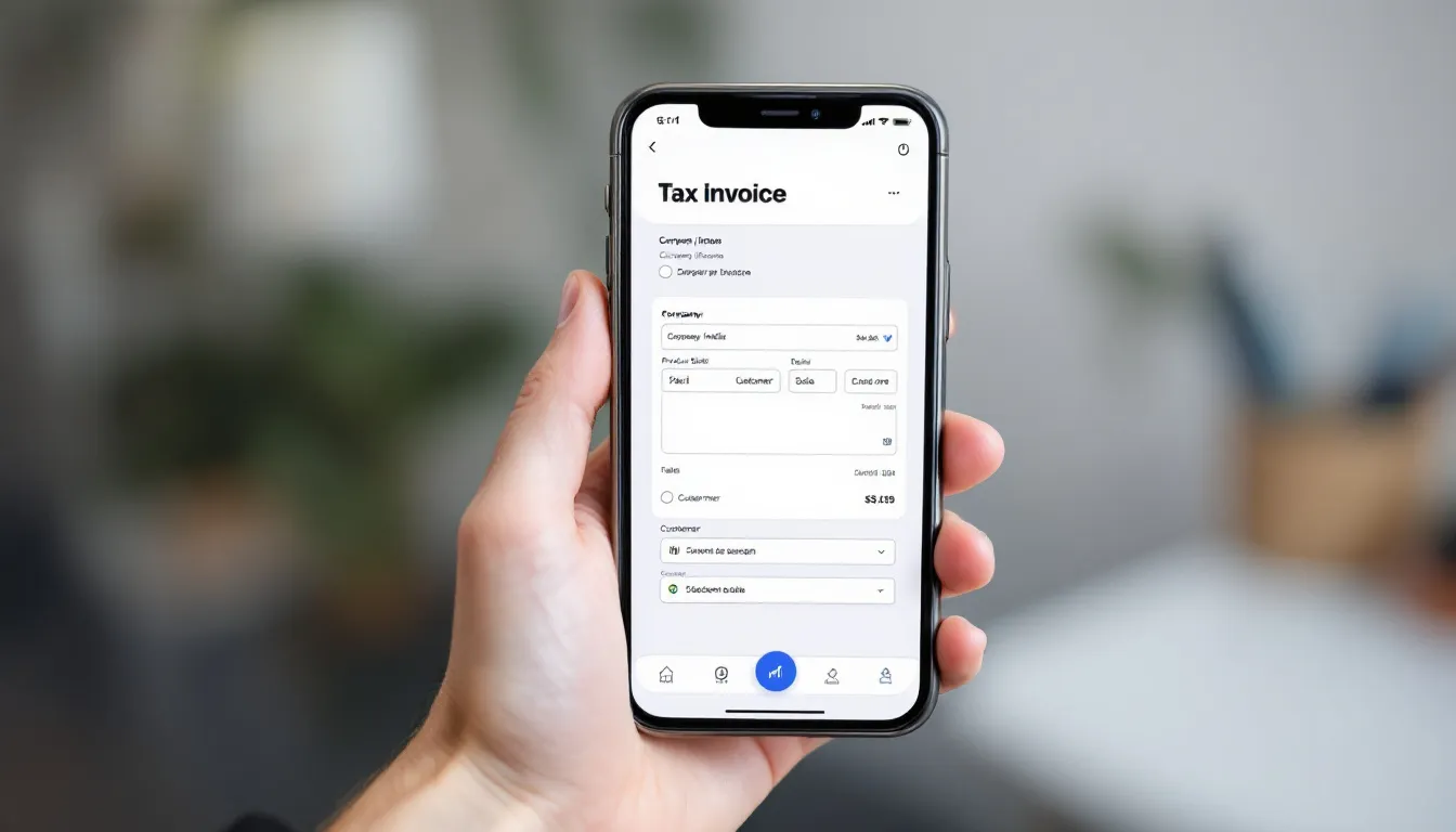 Imagem de um smartphone exibindo um aplicativo de emissão de notas fiscais, com uma interface limpa e intuitiva, facilitando a verificação e a emissão de documentos fiscais conforme a legislação tributária brasileira. O aplicativo é ideal para microempreendedores, permitindo a gestão eficiente de serviços e tributos.