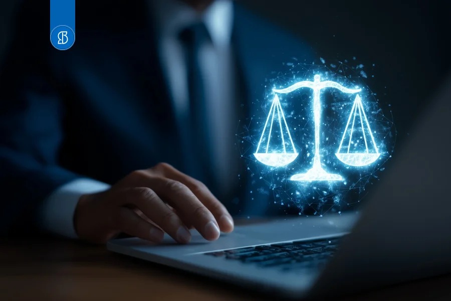 Homem de terno usando notebook, com o símbolo luminoso de uma balança da justiça acima