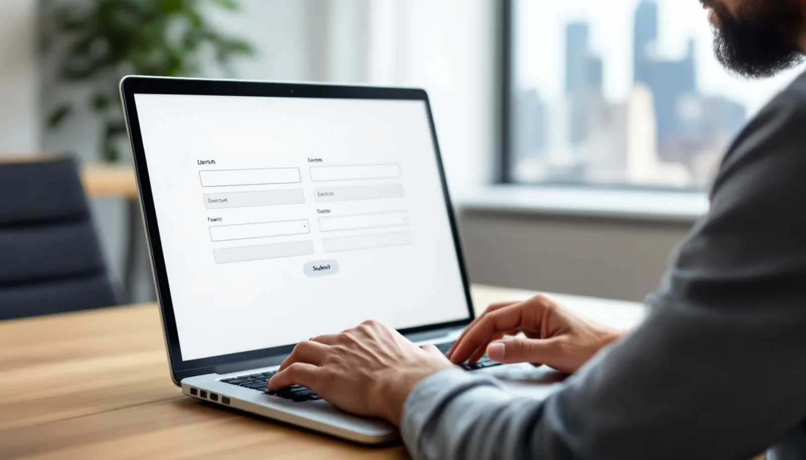 Uma pessoa está preenchendo um formulário online em um computador, em um ambiente de escritório virtual. O cenário sugere a gestão online de correspondências e serviços, ideal para empresas que buscam otimizar sua documentação e burocracia.