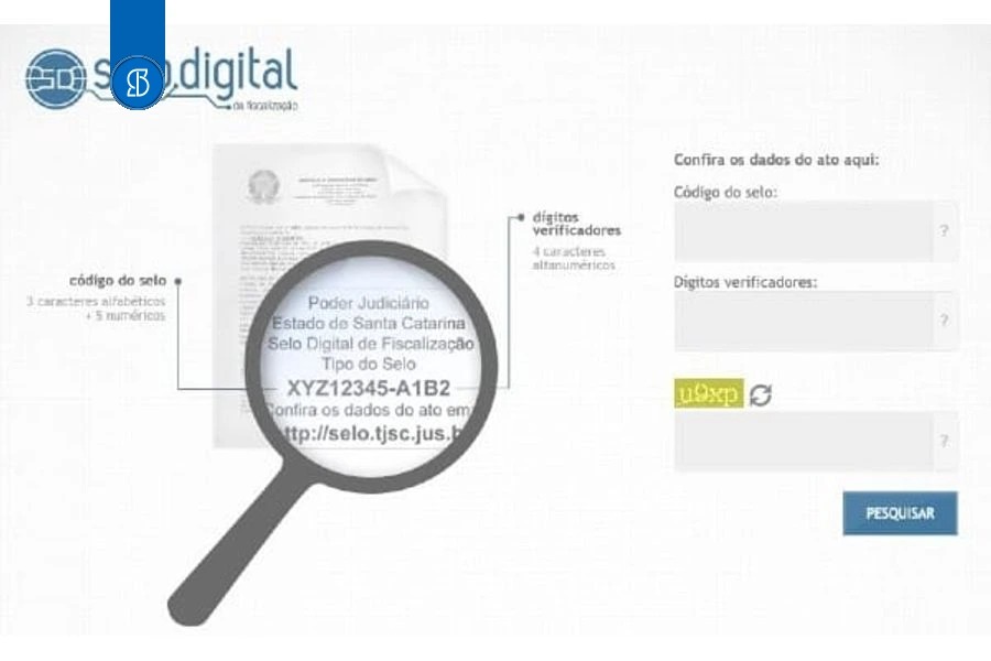 Página de consulta do Selo Digital de Fiscalização, com lupa sobre um documento e os campos de código e dígitos verificadores