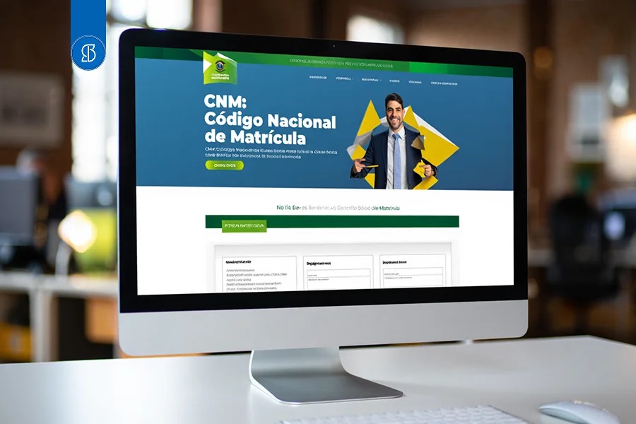 Monitor exibindo uma página sobre o Código Nacional de Matrícula, em escritório