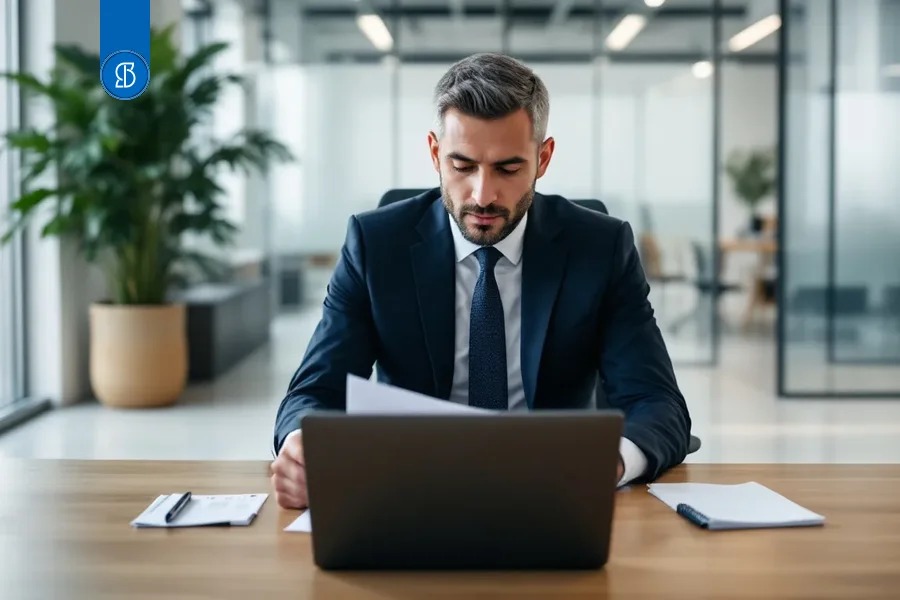 Profissional de terno sentado a uma mesa de escritório, lendo documentos atrás de um notebook aberto