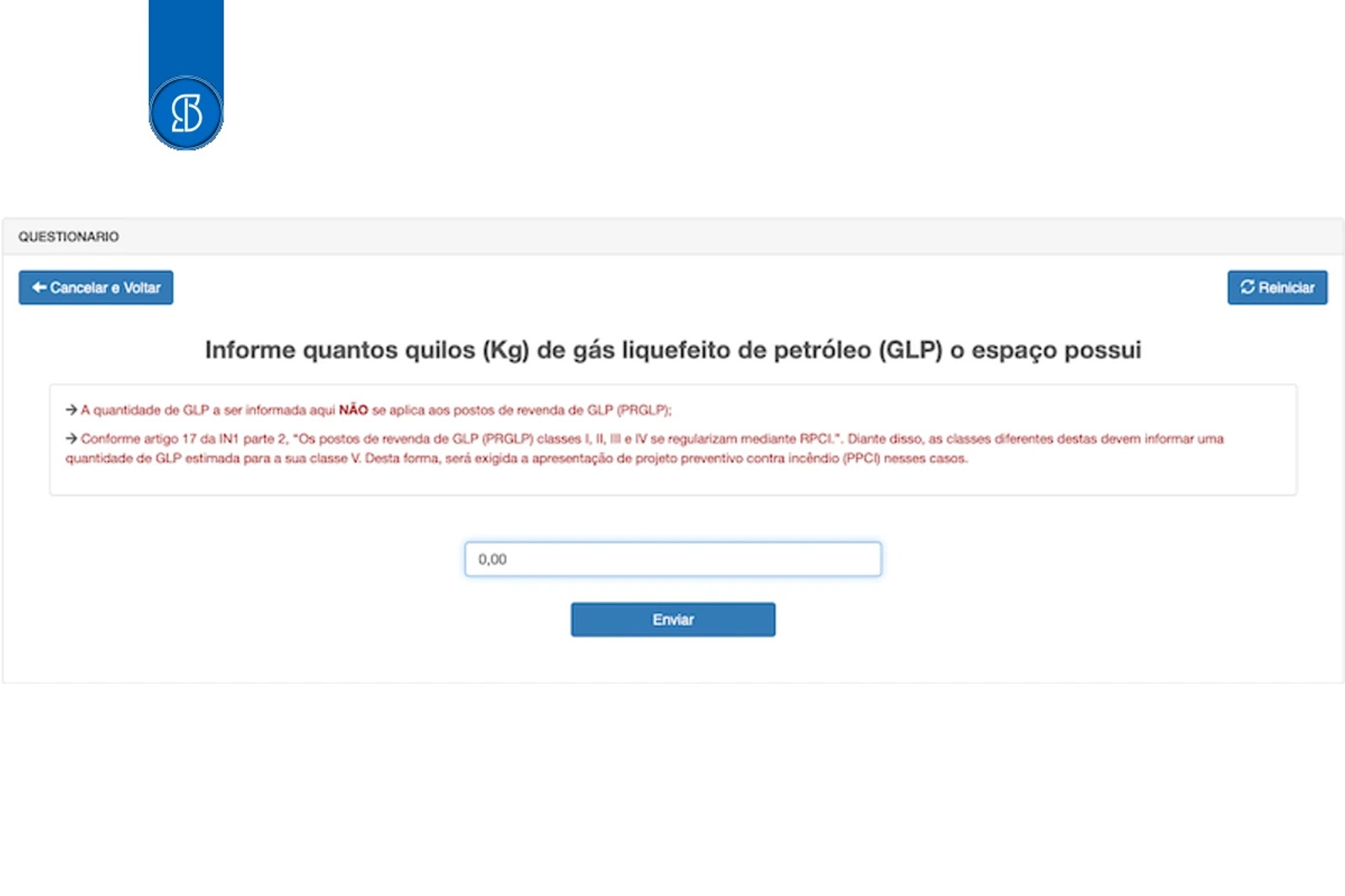 Questionário do e-SCI perguntando quantos quilos de gás GLP o espaço possui, com o campo zerado