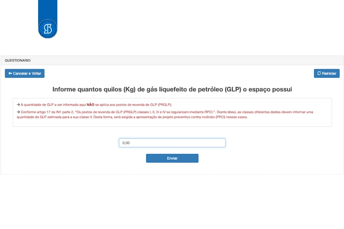Questionário do e-SCI perguntando quantos quilos de gás GLP o espaço possui, com o campo zerado
