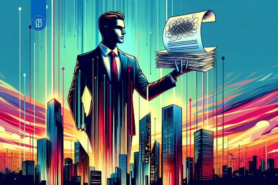 Ilustração estilizada de um homem de terno segurando um maço de documentos, diante do perfil de uma cidade ao pôr do sol