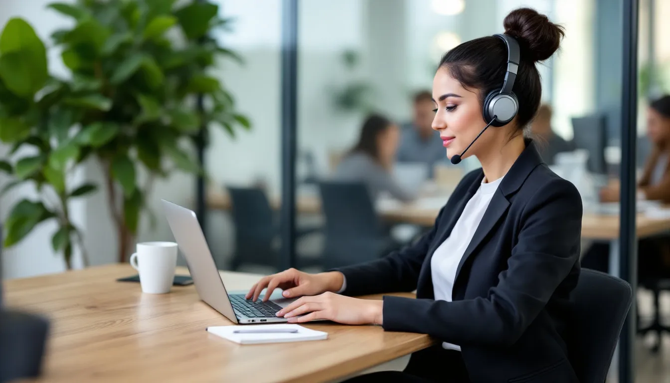 Um profissional está em uma videochamada usando um laptop e fones de ouvido em um ambiente de coworking, que é um espaço colaborativo ideal para nômades digitais trabalharem e se conectarem com outras pessoas. O ambiente é moderno e propício para a produtividade, refletindo a nova era do trabalho remoto.