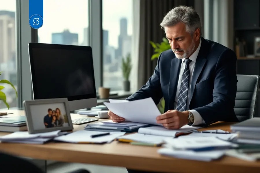 Empresário de terno lendo documentos a uma mesa coberta de papéis, com monitor e vista da cidade ao fundo