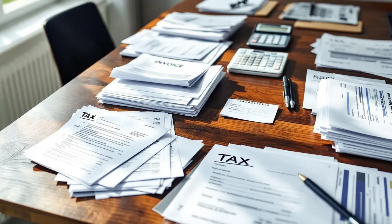 Uma mesa está coberta com diferentes tipos de documentos fiscais, incluindo certidões de regularidade fiscal e declarações, todos organizados de maneira ordenada. Esses documentos são essenciais para a consulta de informações sobre a situação fiscal de contribuintes, como pessoas físicas e jurídicas, e incluem dados sobre dívida ativa da união e licitações.