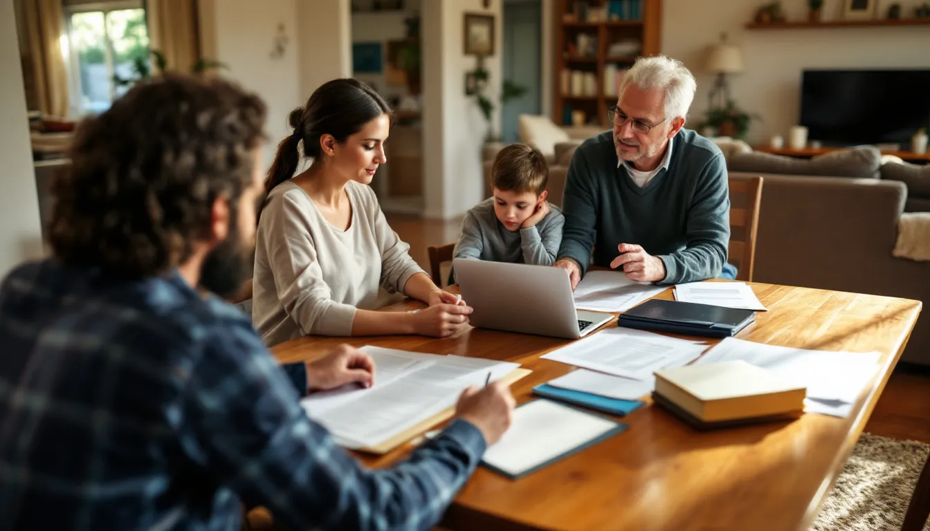 Uma família está reunida em torno de uma mesa de jantar, discutindo documentos relacionados ao planejamento patrimonial e à abertura de uma holding familiar. Eles analisam questões sobre bens, impostos e a estrutura do patrimônio, enquanto compartilham ideias sobre gestão e proteção dos ativos.
