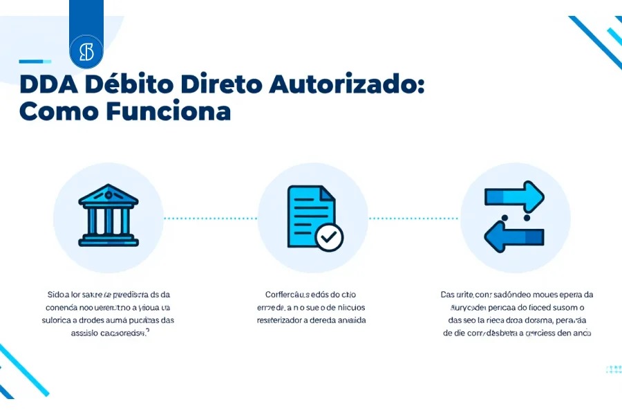 Infográfico em três etapas sobre o Débito Direto Autorizado, com ícones de banco e documento