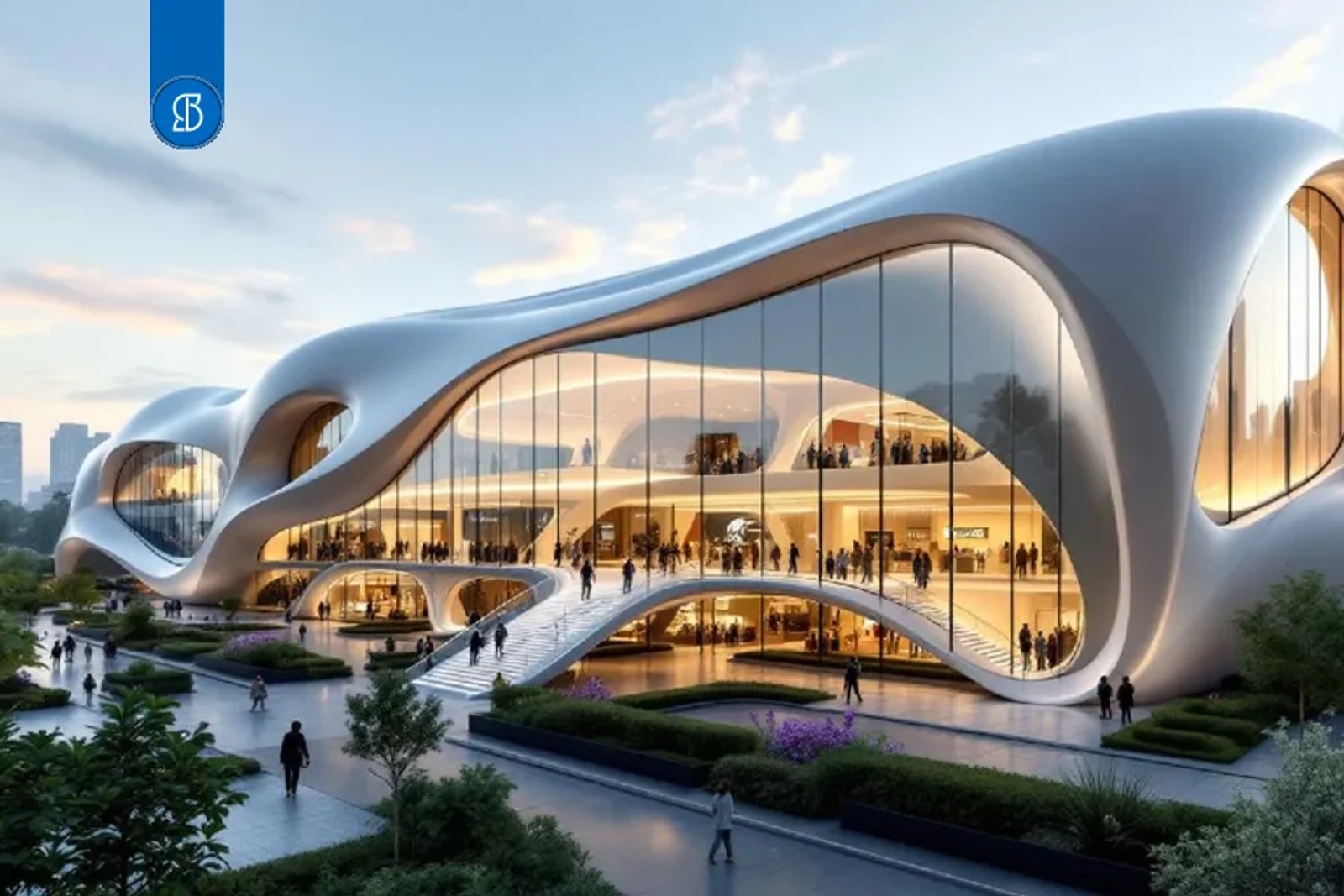 Shopping center de arquitetura curva e fachada de vidro ao entardecer, com pessoas na praça e jardins