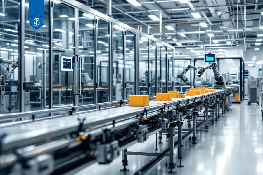 Linha de produção automatizada com esteira transportando caixas amarelas em fábrica
