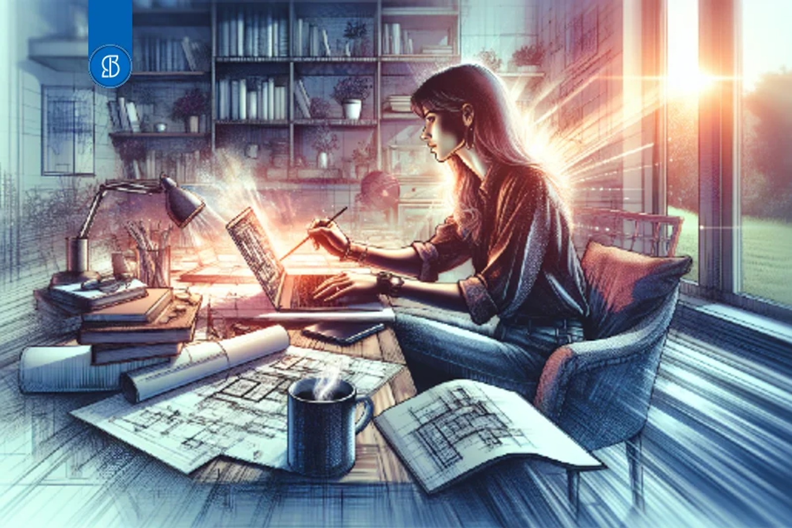 Ilustração de uma mulher desenhando em tablet gráfico à mesa, com plantas arquitetônicas e livros ao redor