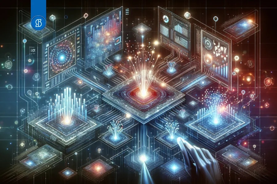 Ilustração abstrata de painéis e circuitos luminosos interligados sobre fundo escuro
