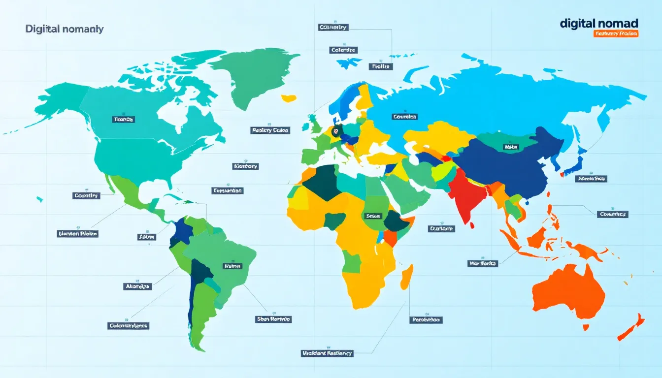 Um mapa mundial que destaca os países que oferecem programas de residência para nômades digitais, ilustrando as opções disponíveis para aqueles que buscam um estilo de vida flexível e a liberdade de trabalhar remotamente em diferentes locais ao redor do mundo.