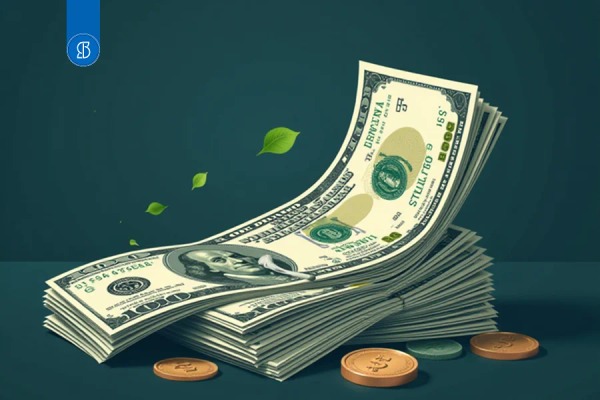 Ilustração de maços de notas de dólar com folhas verdes e moedas