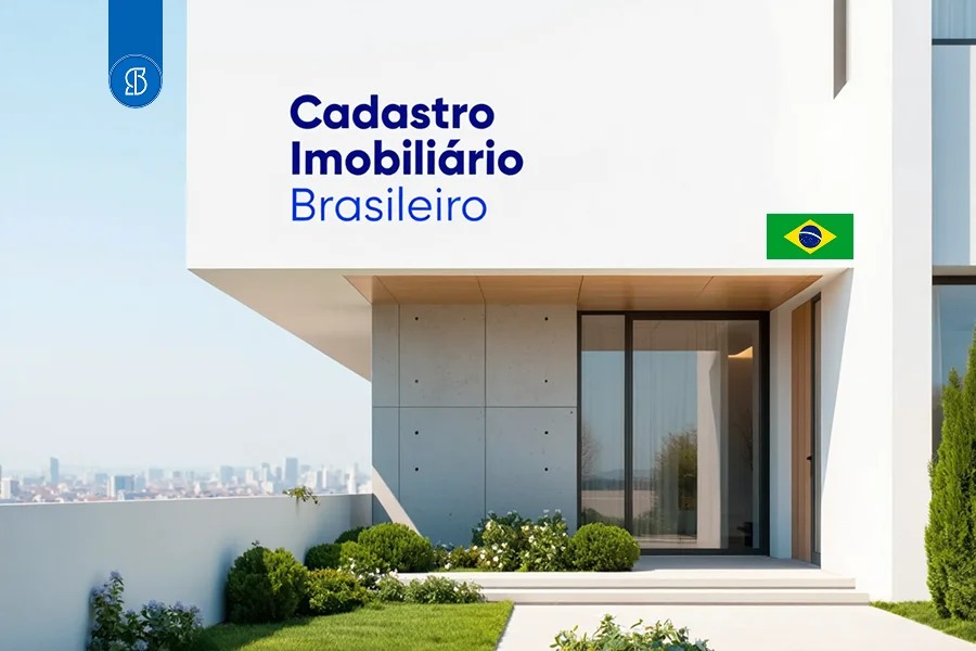 Casa moderna branca com a inscrição Cadastro Imobiliário Brasileiro e a bandeira do Brasil