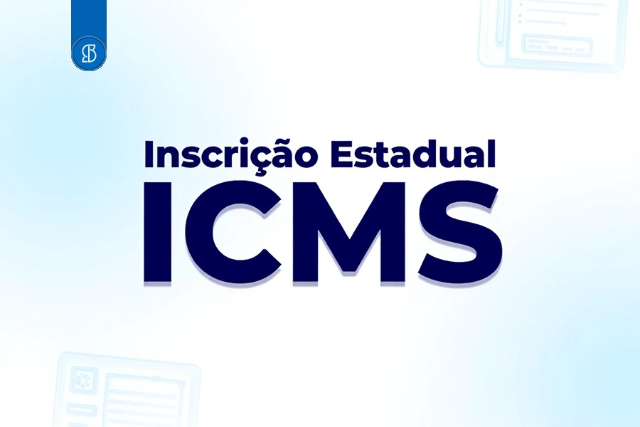 Arte com as palavras Inscrição Estadual e ICMS em azul-marinho sobre fundo claro, com desenhos de formulários