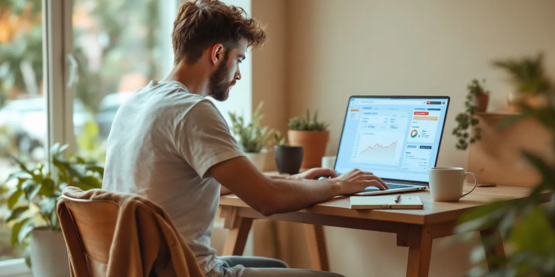 Um nômade digital está concentrado em seu laptop, cercado por documentos fiscais organizados que incluem notas fiscais e informações sobre imposto de renda. O ambiente reflete seu estilo de vida flexível e a gestão de sua residência fiscal enquanto trabalha remotamente.
