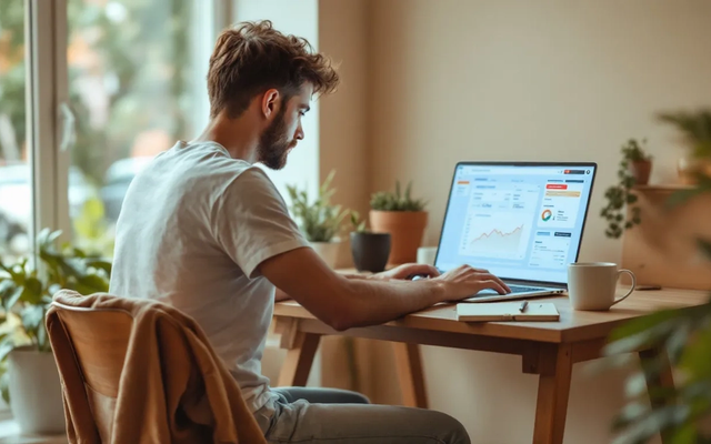 Um nômade digital está concentrado em seu laptop, cercado por documentos fiscais organizados que incluem notas fiscais e informações sobre imposto de renda. O ambiente reflete seu estilo de vida flexível e a gestão de sua residência fiscal enquanto trabalha remotamente.