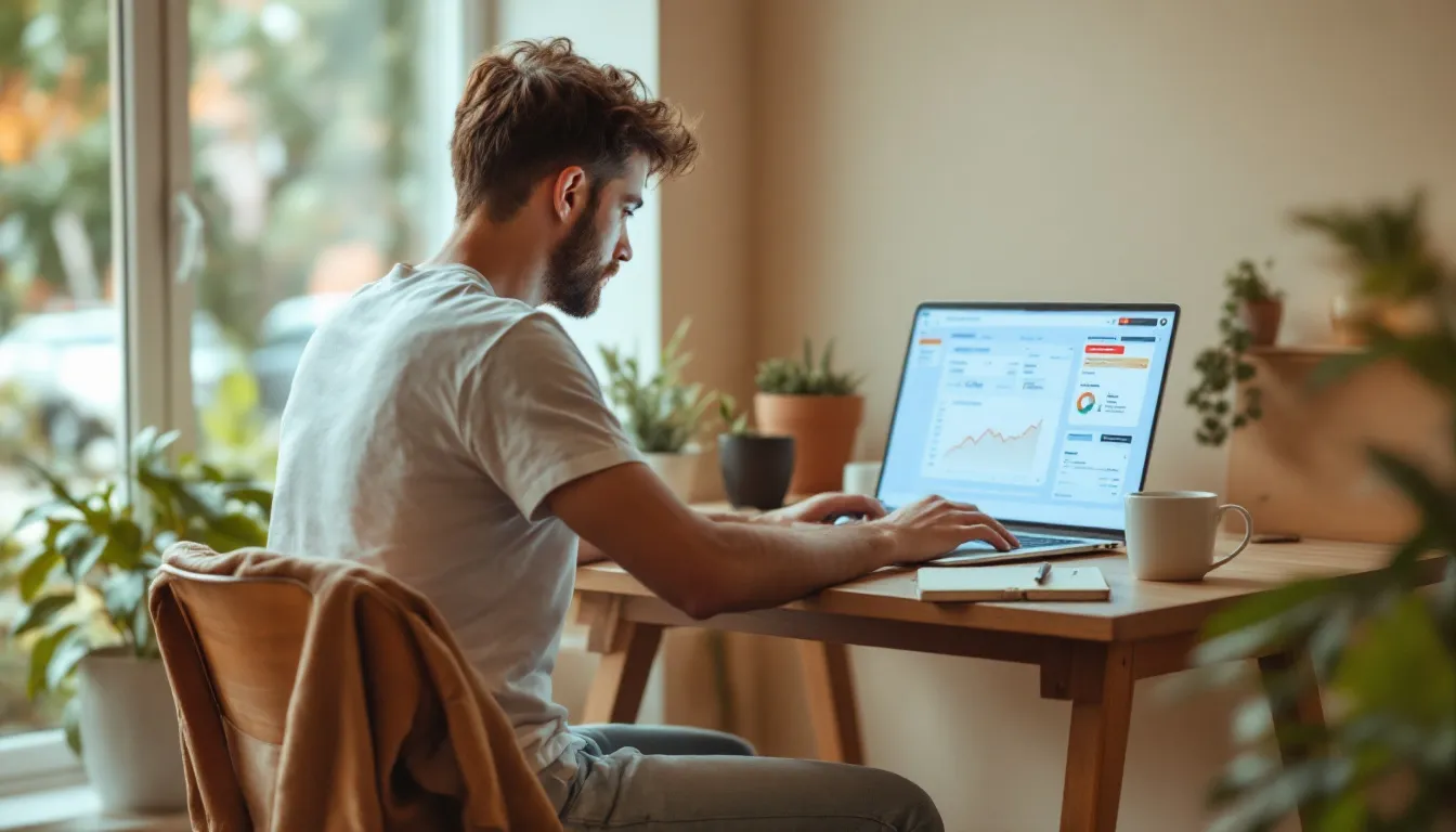 Um nômade digital está concentrado em seu laptop, cercado por documentos fiscais organizados que incluem notas fiscais e informações sobre imposto de renda. O ambiente reflete seu estilo de vida flexível e a gestão de sua residência fiscal enquanto trabalha remotamente.