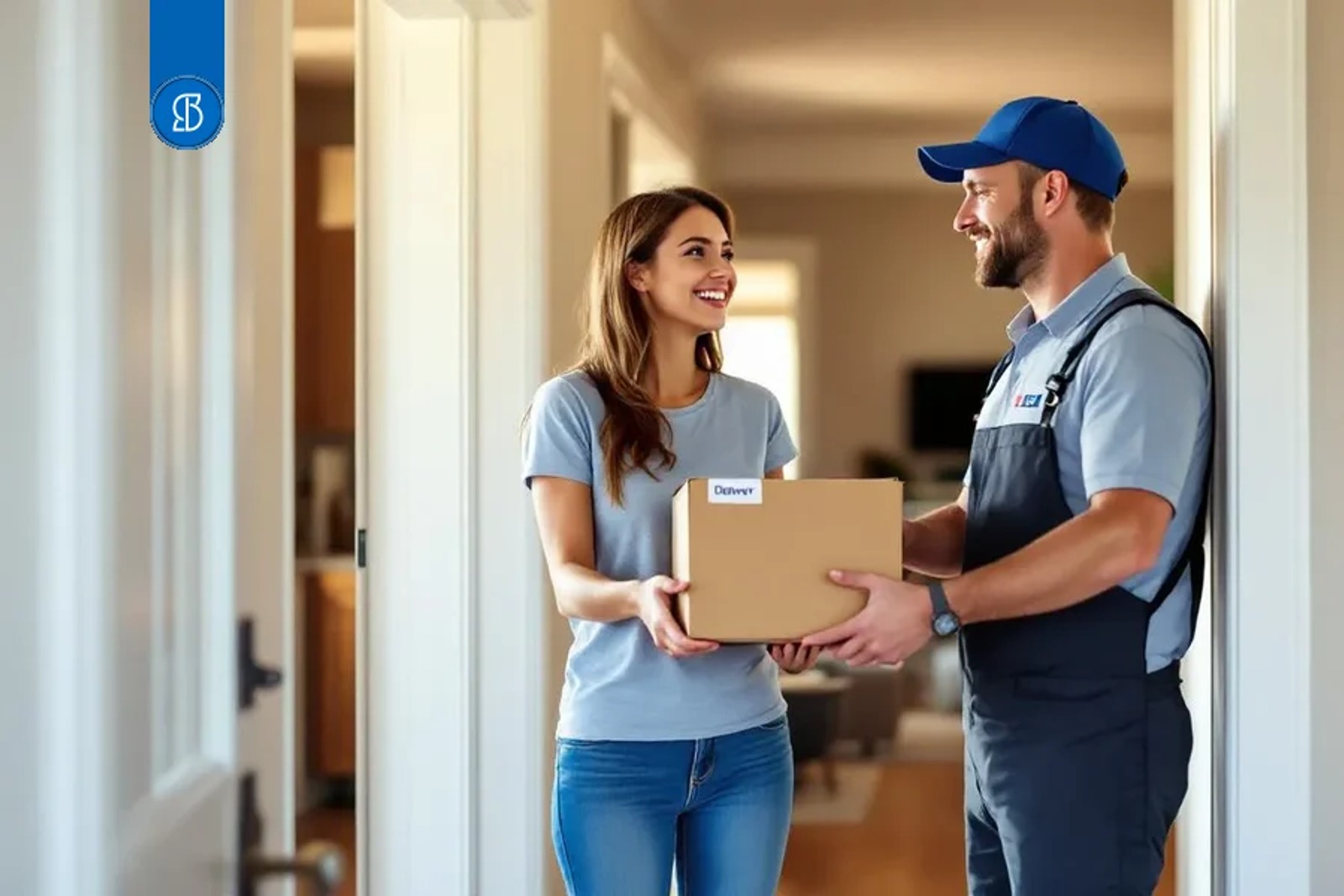 Entregador de boné azul entregando uma caixa de papelão a uma mulher na porta de casa