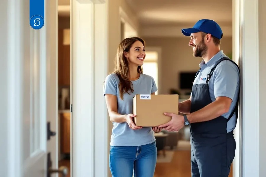 Entregador de boné azul entregando uma caixa de papelão a uma mulher na porta de casa